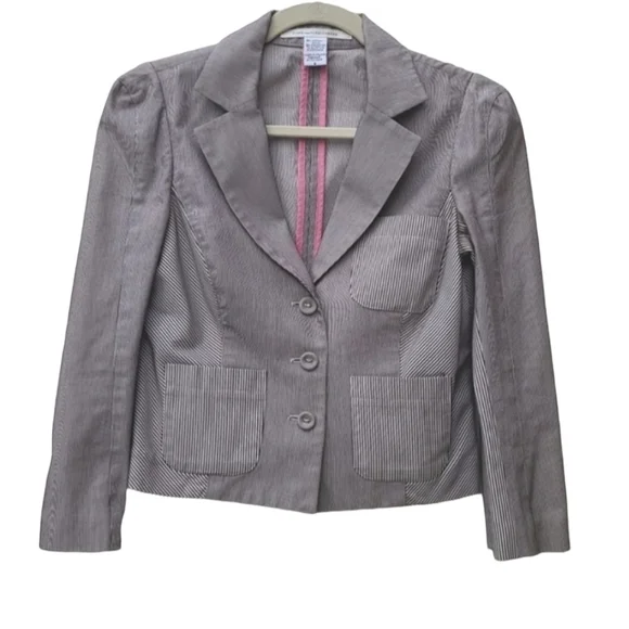 DIANE VON FURSTENBERG DVF Pinstriped Peplum Blazer 6 M Crop Jacket Seersucker - Picture 4 of 15